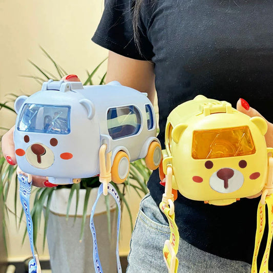 Baby Bus Car Water Cup Outdoor Portable Kids Flip Lid Straw Cup Leakproof Design Cute Cartoon Children’s Cup